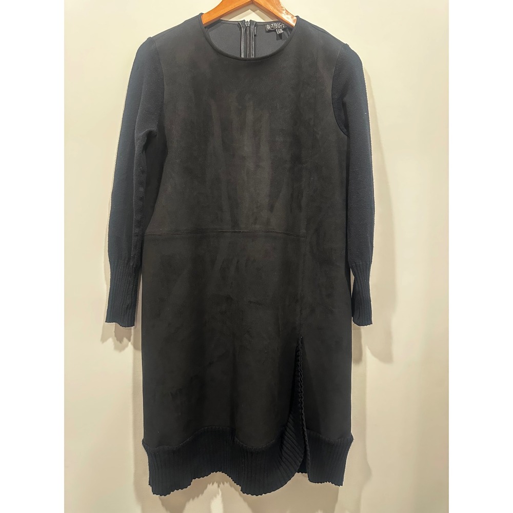 Tricot Chic Italy Black Faux Suede Knit Mixed Media Shift Dress Size 8 US 44 IT